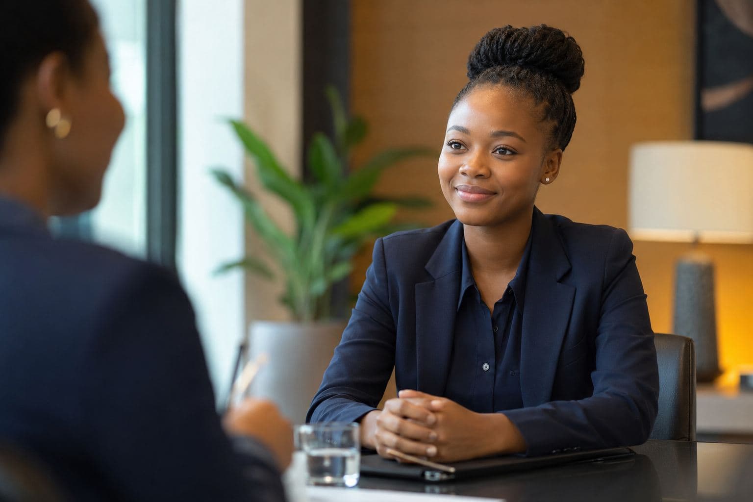 A candidate confidently answering questions in an interview